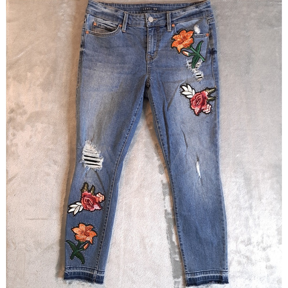 Level 99 Amber Slouchy Skinny Ankle Jeans Floral Embroidered Size 27‎ EUC